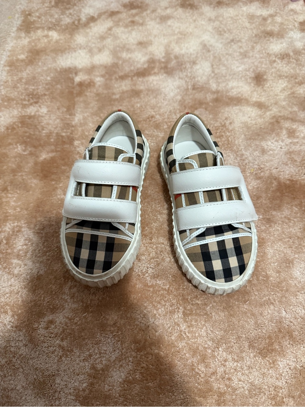 Burberry Kids Velcro Sneakers in Beige, Black and White